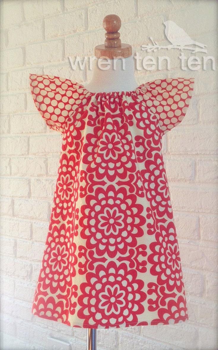 RED and CREAM LOTUS flutter sleeve dress - or choose your own fabric - baby girl toddler sizes 6-12mo,12mo,18mo,2,3,4,5,6