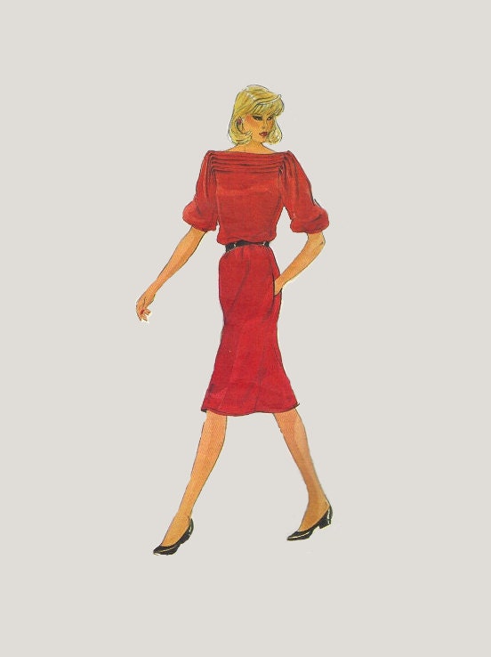 Vogue American Designer Geoffrey Beene 80s Sewing Pattern New Wave Style Dress Loose Fit Blouson Sleeves Pleated Neckline Bust 32