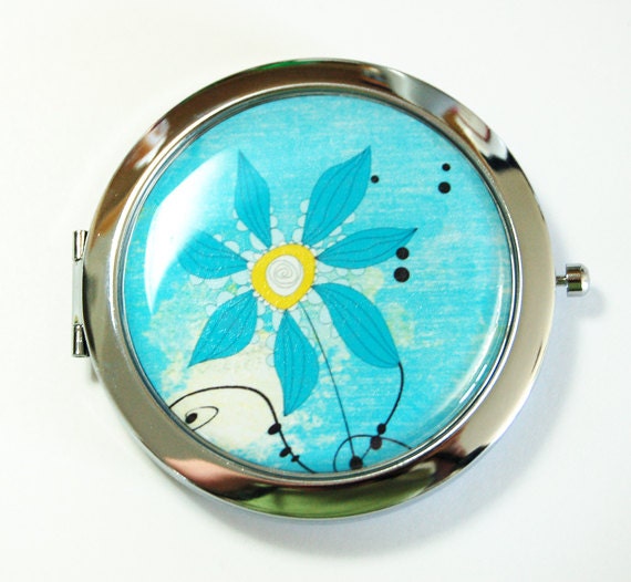 Flower compact mirror, mirror, pocket mirror, compact mirror, floral mirror, Blue, Blue flower (2575)