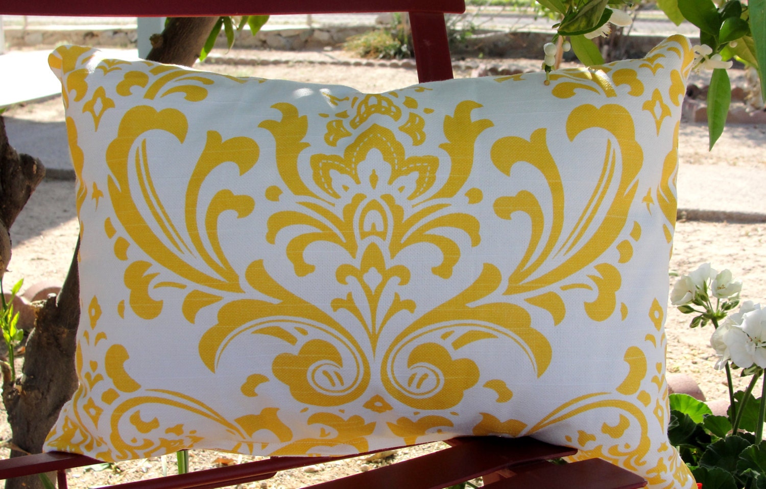 Yellow and white accent throw pillow - lumbar - damask print fabric