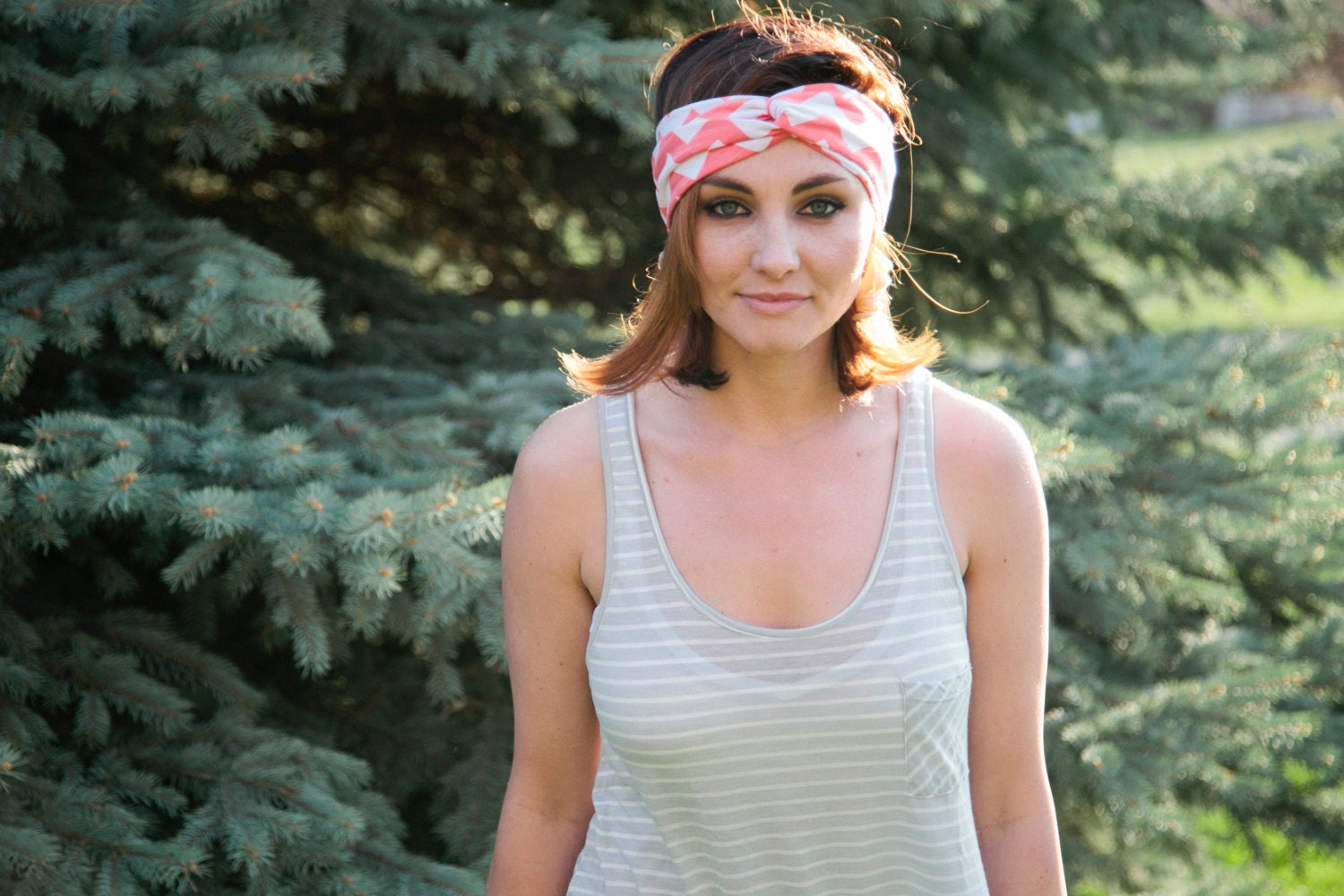 Chevron Cotton Knit, Turban Wrap Headband, Coral and White Zig Zag Stripes Twist Headband