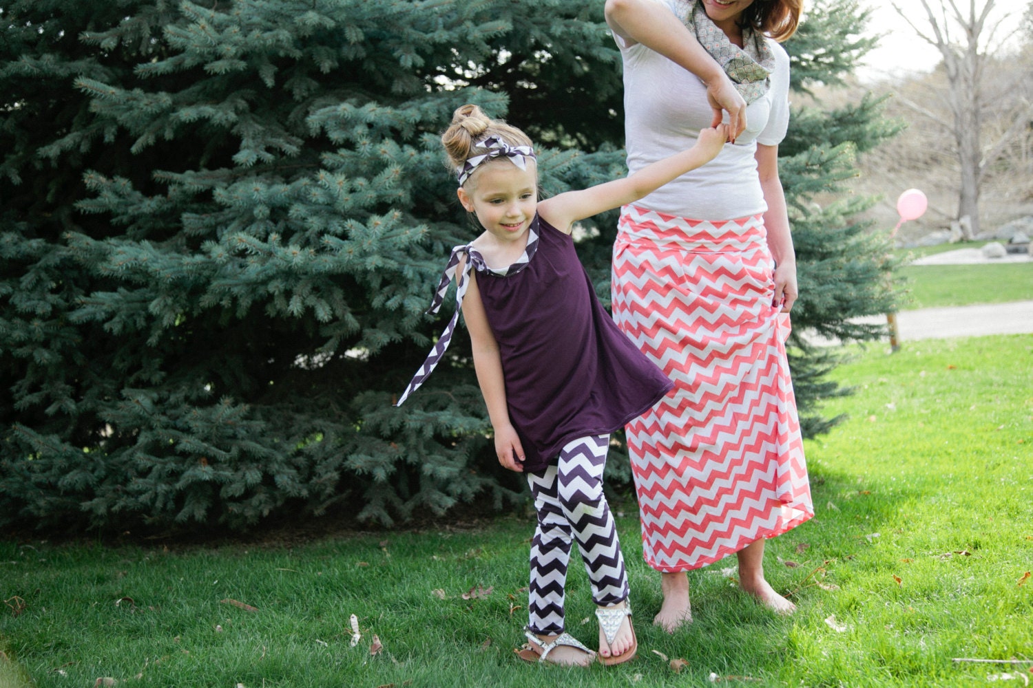 Girl's Chevron Outfit Set, Purple Dress with Matching Chevron Leggings and Headband