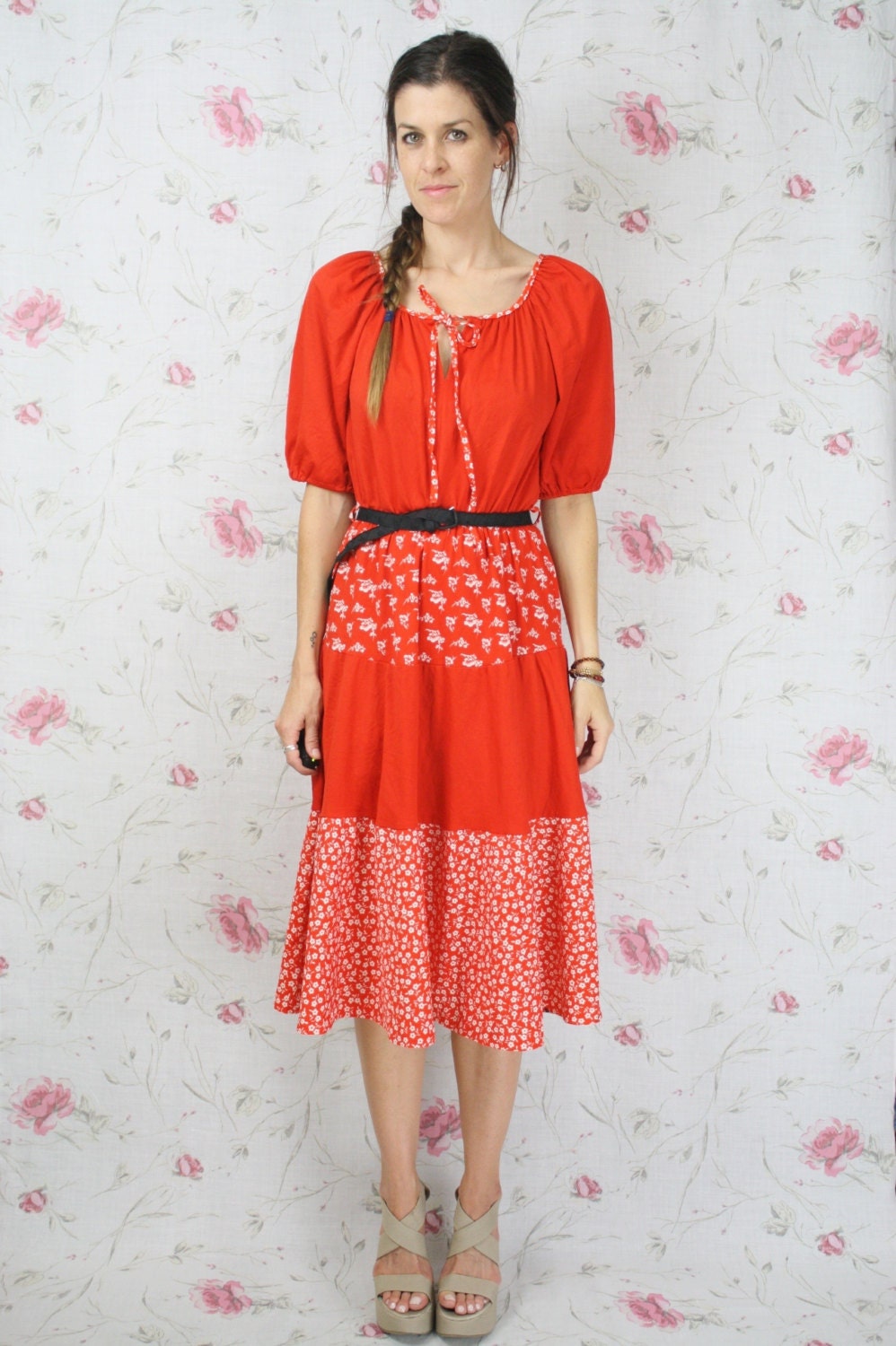 Vintage peasant dress - boho floral red white swing skirt summer spring M