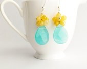 Turquoise Yellow Earrings by Kluster Happy Jewelry. Turquoise Chalcedony Teardrop Earrings, with Yellow Honey Jade and 100% Sterling Silver.
