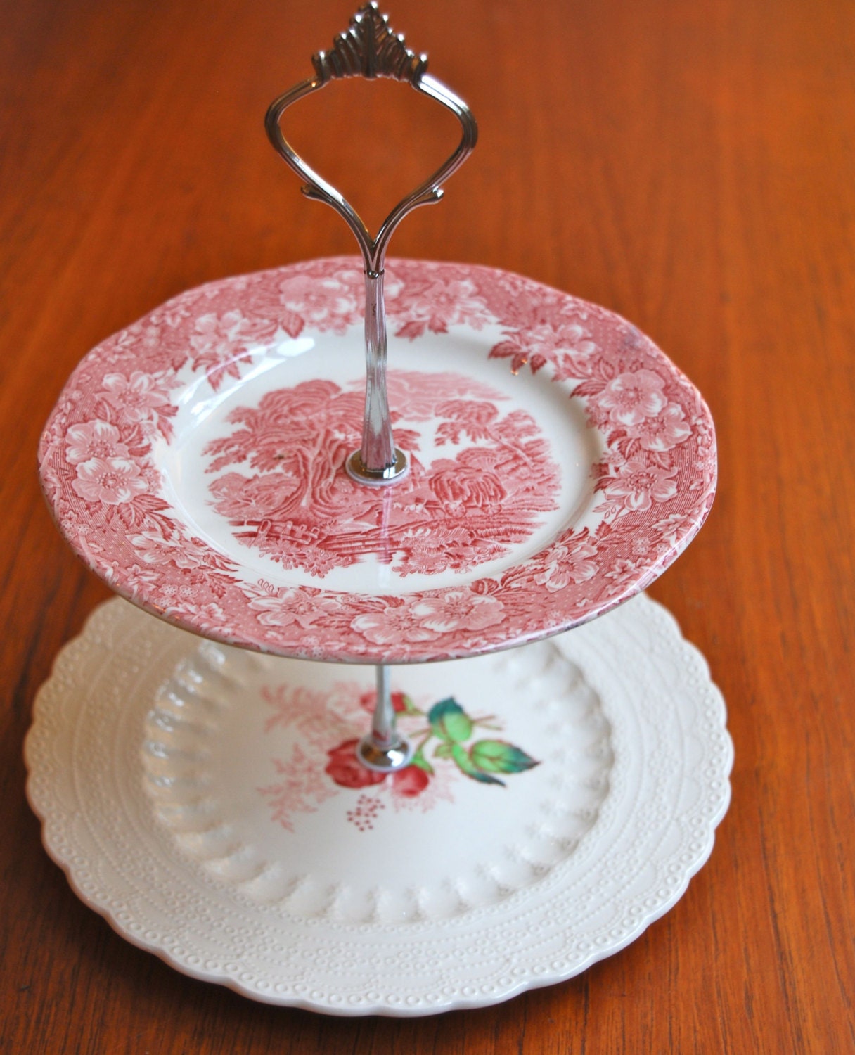 RESERVED FOR WHITNEY - Vintage pink Wedgwood woodland and Copeland Spode roses two tier cake stand