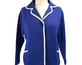 1960s Navy Blue & White Cardigan Sweater - Sue Be Fashions - Wool - Sweater Jacket - Mad Men - Secretary Sweater - Size Large