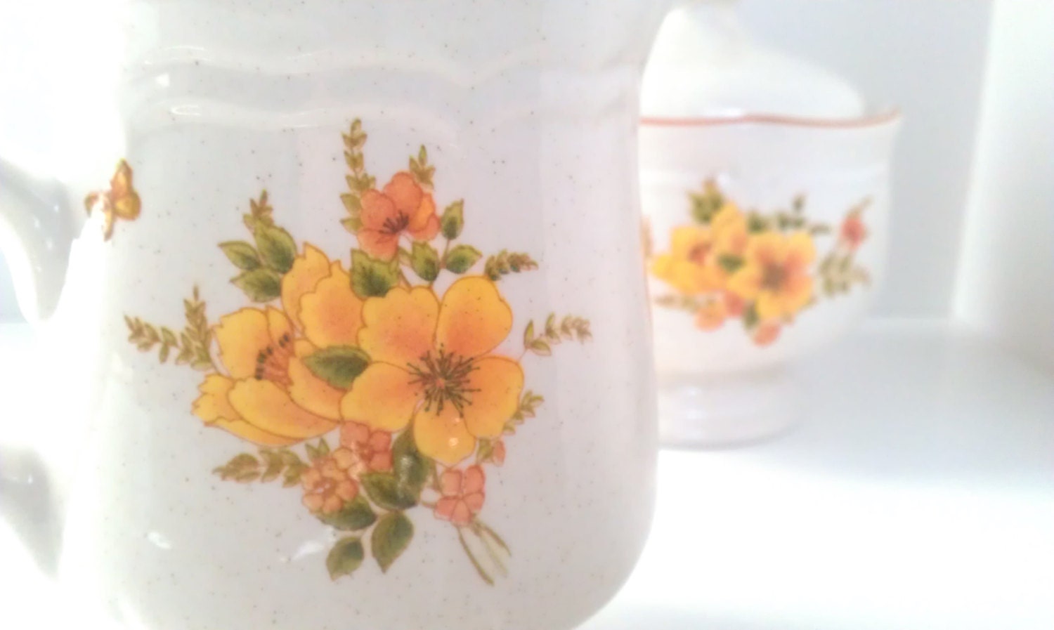 Sangostone Butterfly Sugar Bowl & Creamer Set, Vintage Made in Korea