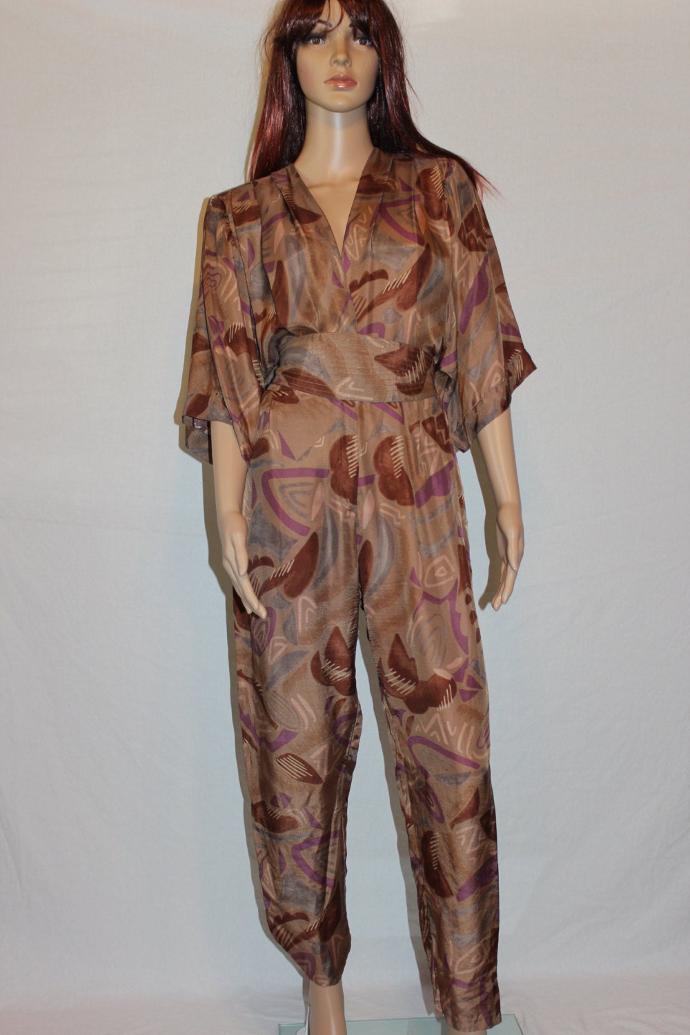 Vintage 80s Jumpsuit - Brown Abstract Print - Barbara Barabara Jumper