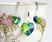 Rainbow sparkle jewelry set with stud earrings and necklace with Vitrail medium Swarovski hearts, green, peacock color mix, sterling silver