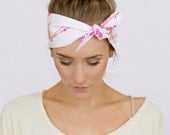 Tie Up Headscarf Headband Bandana Hair Accessory Boho Head WRap Tie Bandana Headband Pink Branch Birds Pattern