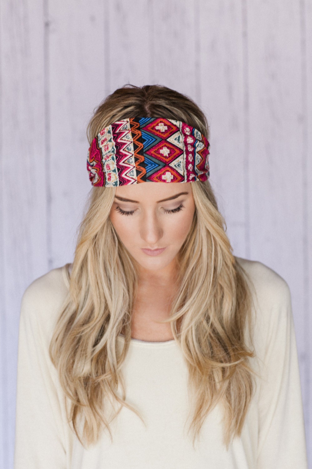 Red Aztec Print Cotton Headband Hair Wrap with Fabric Covered Elastic Back - Go With The Boho Headband