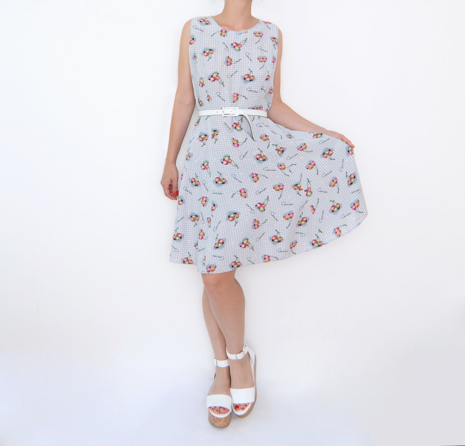 Vintage CHERRY baby blue summer dress / french / cherry cerises fruit / small medium