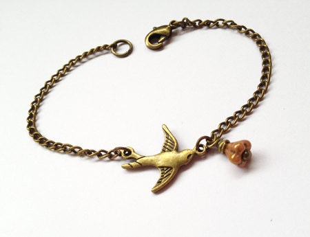 Copper chain with copper sparrow bird bracelet copper bead Bracelet, Wedding Day, Anniversary, Birthday Gift, Adjustable wish bracelet