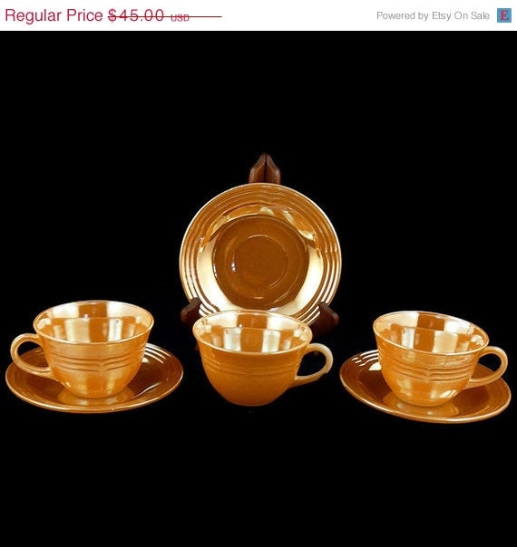 50% OFF Vintage Fire King Peach Lustre Three Band pattern Set of 3 Tea Cups & Saucers Carnival Glass By Anchor Hocking