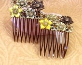 Flower Filigree Hair Comb Set, Ornate, Brown Bronze Crystal, Hair Accessory, Bridal, Prom, Gift