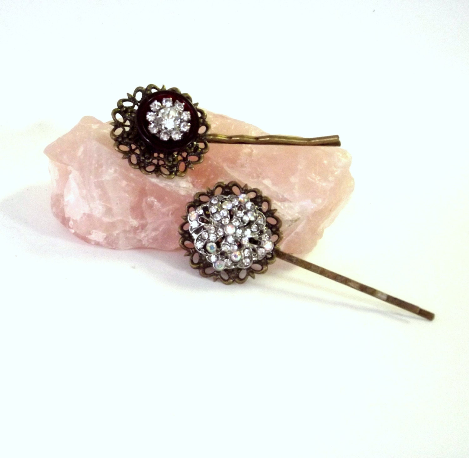 RHINESTONE Bobby Pin Set, Vintage Buttons, Sparkly Hair Accessory, Unique, Bridal, Prom, Elegant