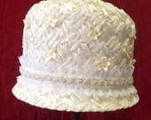 Refurbished Hat, Vintage Cellophane Straw, White, Non Traditional, Bridal, Wedding, Retro