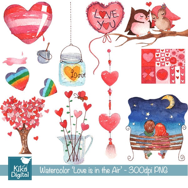 Hand Painted Watercolor Love is in the Air Clipart - card design, invitations, stickers, paper crafts, web design - INSTANT DOWNLOAD