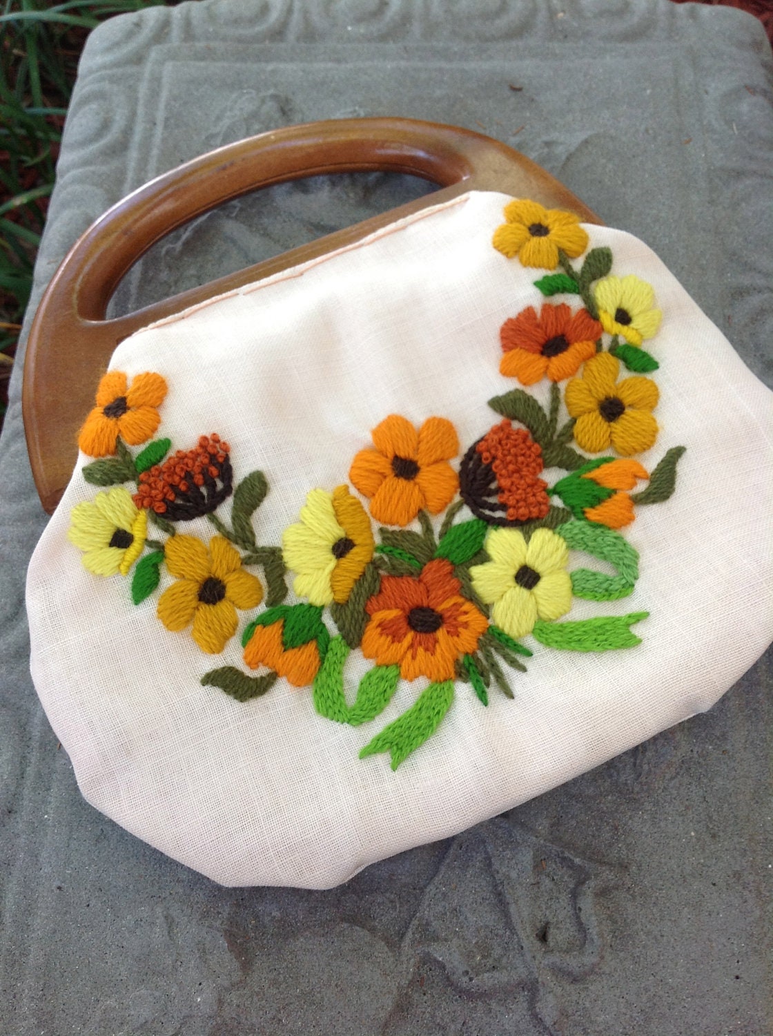Vintage Handbag - Cloth Bag with Embroidered Flowers and a Wooden Handle