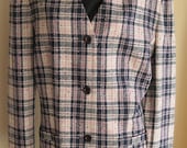 80s Pendleton TALL wool collarless jacket pink blue white plaid vintage Bust to 48 Plus Size 20