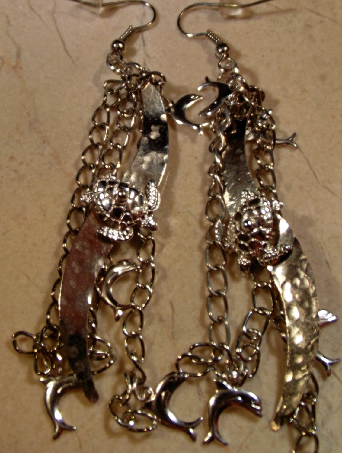 Earrings Handmade Silver Hand Worked Metal with Chain and Sea Turtle Dolphin Charms Long