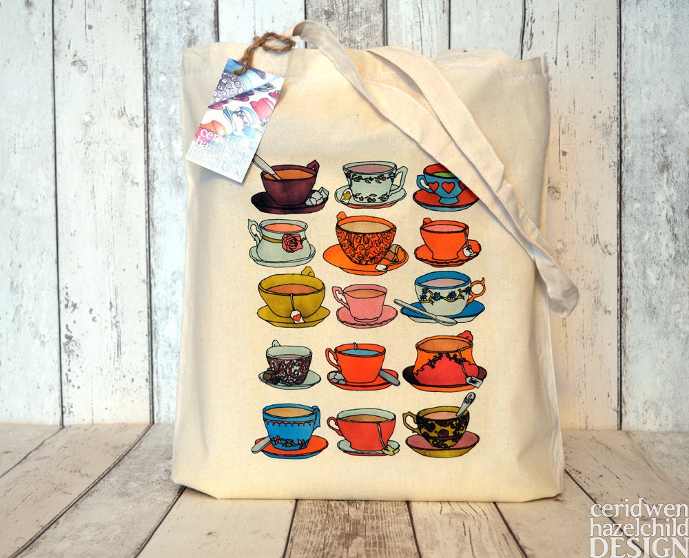 Vintage Teacups and Saucers Illustration Eco Cotton Tote Bag