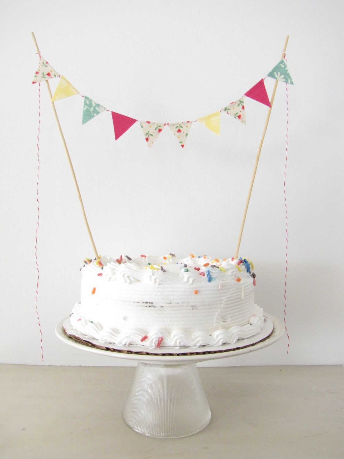 Fabric Cake Topper - Bunting Decoration - Wedding, Birthday Party, Shower Decor "Summer Days" fuschia pink wildflowers floral yellow teal