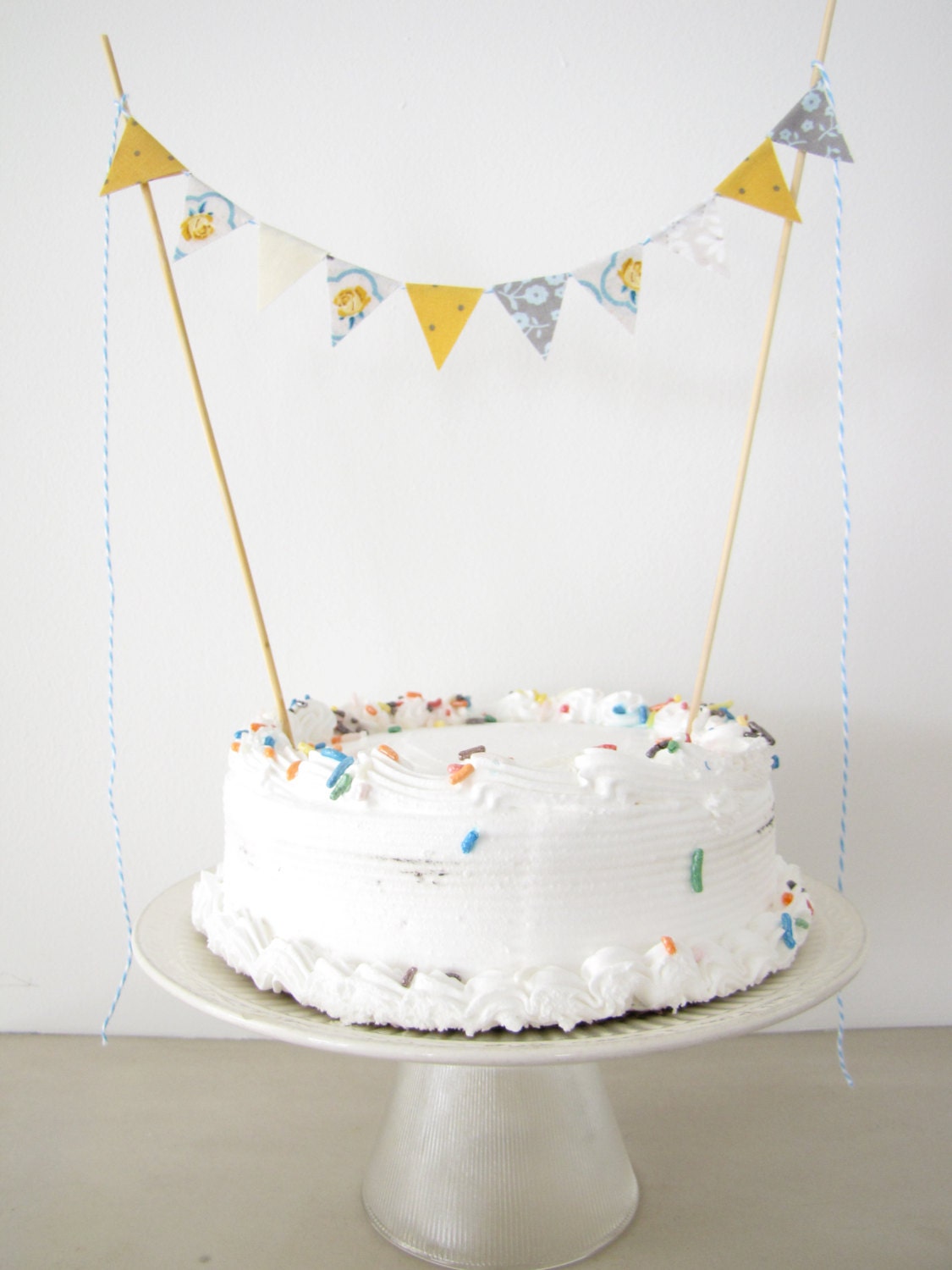 Fabric Cake Topper - Bunting Decoration - Wedding, Birthday Party, Shower Decor "Texas Rose" golden yellow polka dots cream grey aqua floral