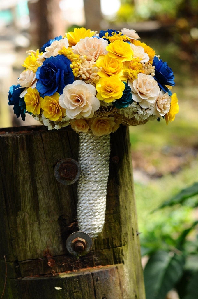 Royal Blue  and Yellow Wooden Bouquet for Wedding and Home Decor Centerpiece