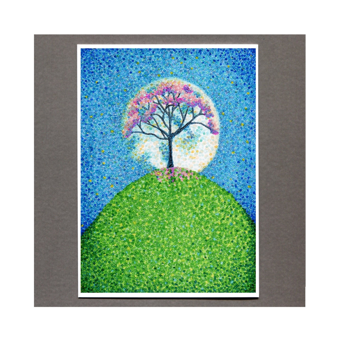 Spring Blossom Moon Silhouette Card, Springtime Tree Greeting Card, 5x7 Pointillism