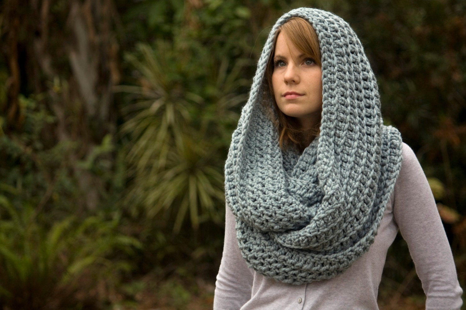 Light Blue Infinity Scarf, Oversized Hooded Cowl, Crochet Chunky Women's Winter Accessories