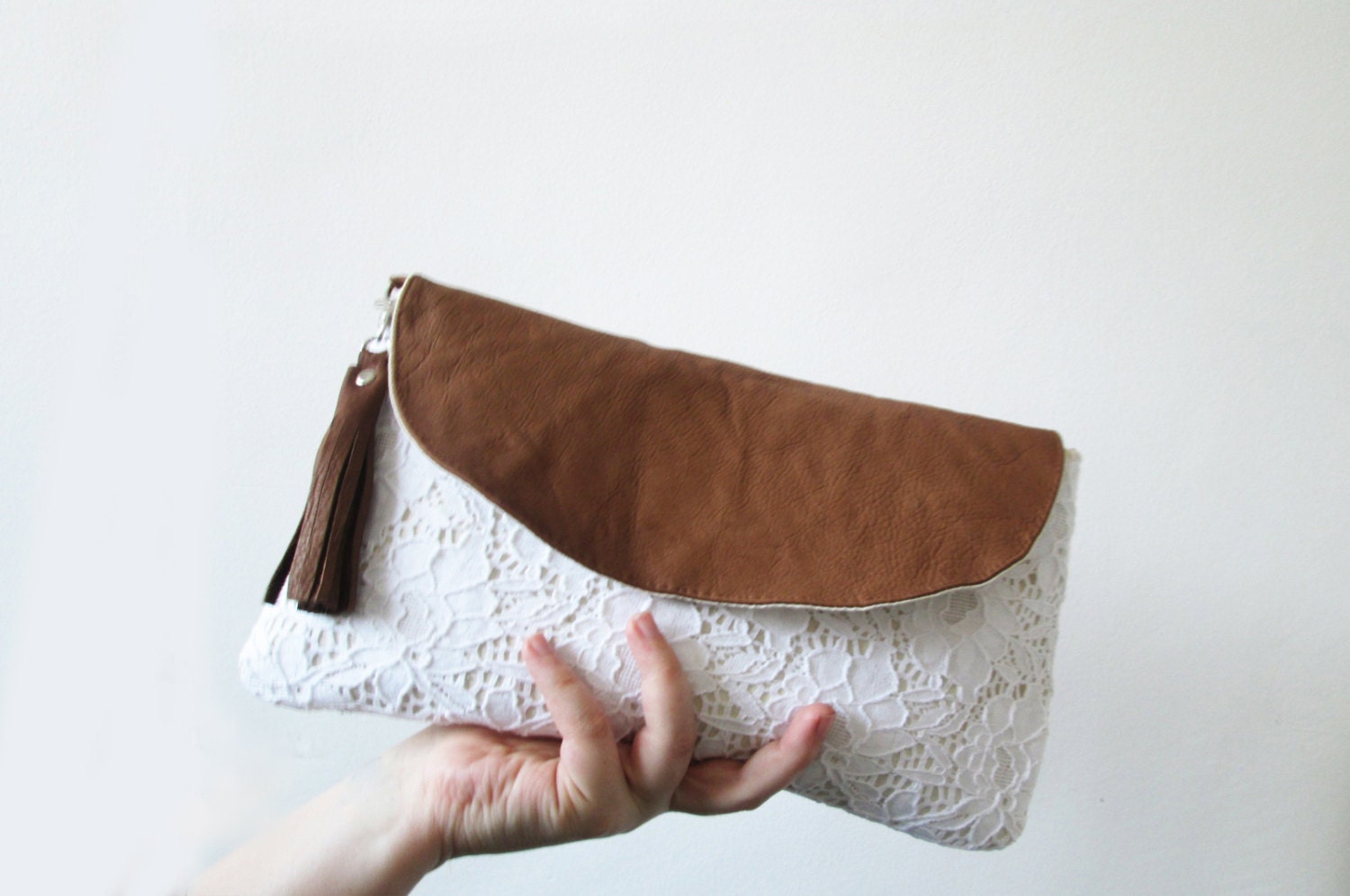 Lace and leather clutch bag, Boho chic,  White and brown