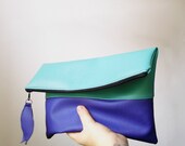 Clutch bag, Clutch purse,  Mint and cobalt/electric blue, Vegan Leather Foldover clutch