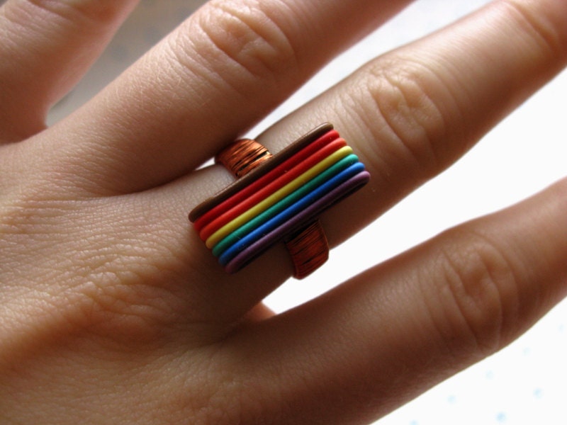 Rainbow Vertical Stripe Ribbon Cable Wire Wrap Adjustable Ring - Recycled Wire - Red Spectrum