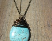 Bohemian Turquoise Necklace- Turquoise colored mangasite wire wrapped necklace