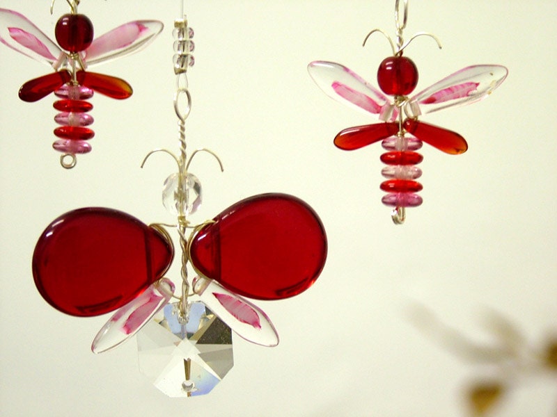 Hanging Mobile Butterfly Ornament, Crystal Suncatcher, Glass Suncatcher, Whimsical Pink Butterfly Red Children Mobile Crystal Mobile Fairy