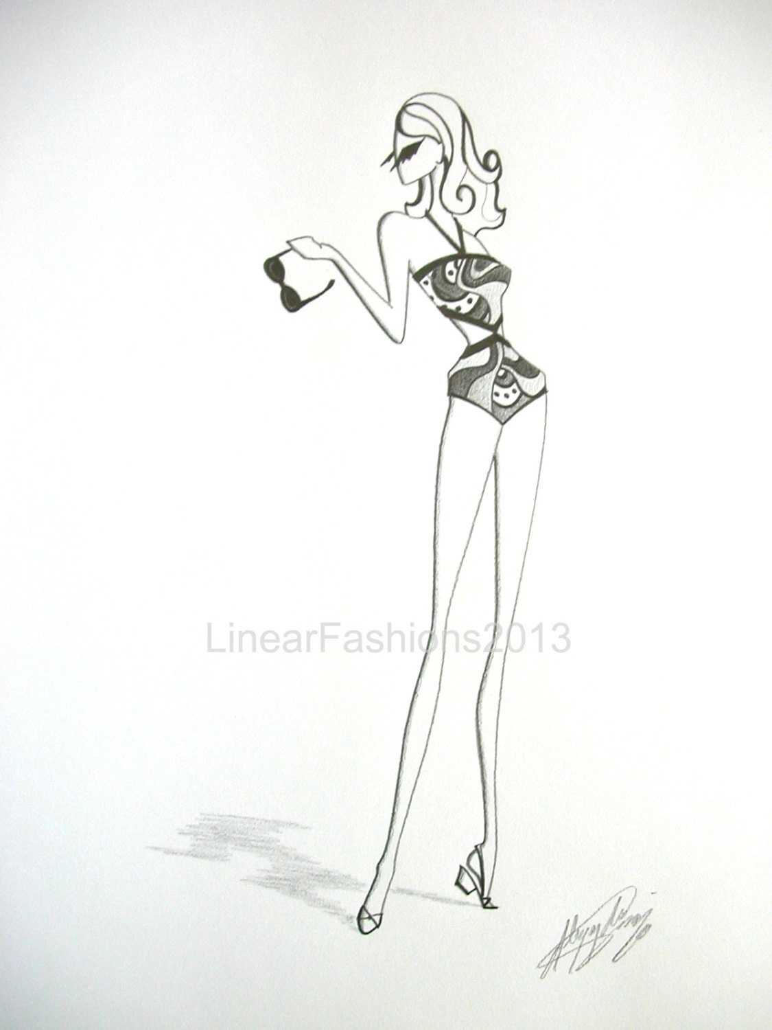 Fashion Illustration - swimsuit fashion - 1960s pucci style swimsuit - original art  - fashion sketch - pencil drawing - summer decor