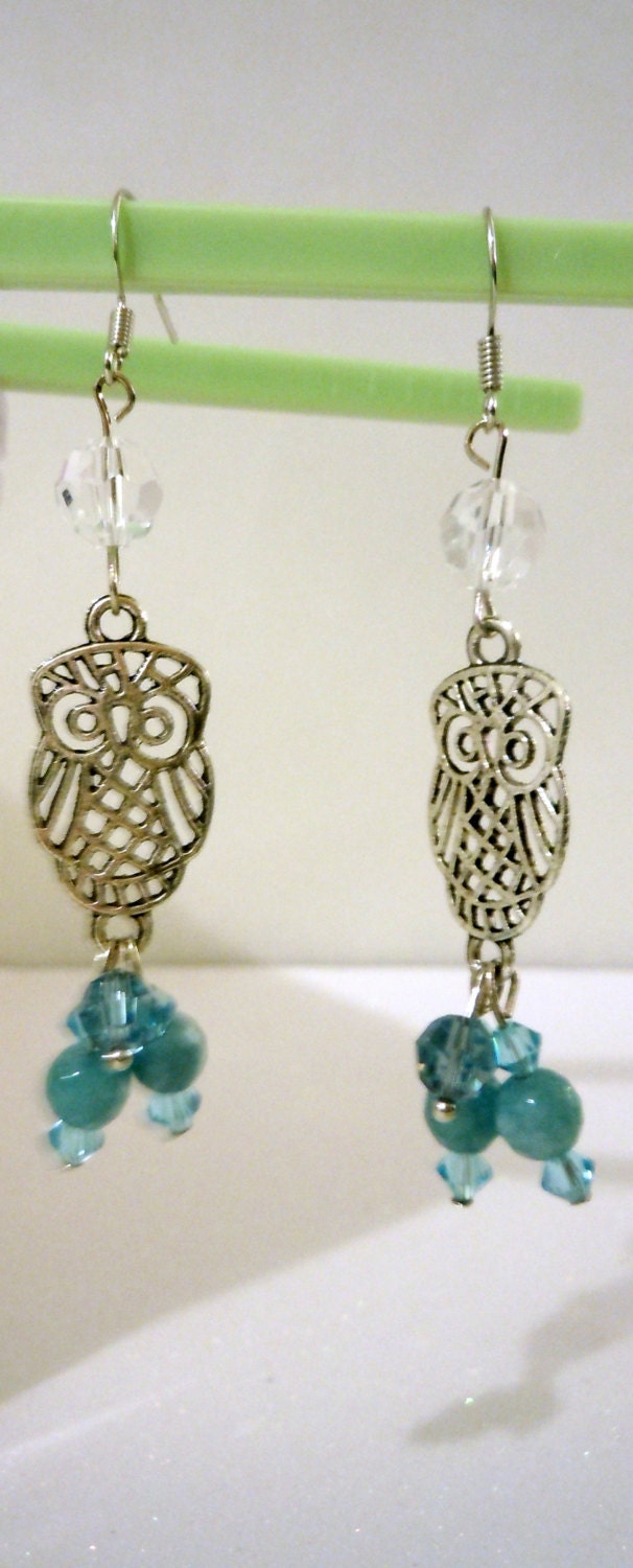 Silver Owl Earrings with Swarovski Crystals-- Teal Blue