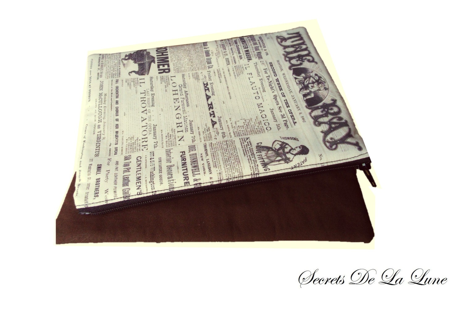Free Shipping Offer Handprinted Kindle / eReader zipper case vintage newspaper fabric Boston Opera Programme from1882