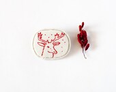 Deer brooch. Minimalist animal embroidery pin. Ecru and red. Totem. Woodland.