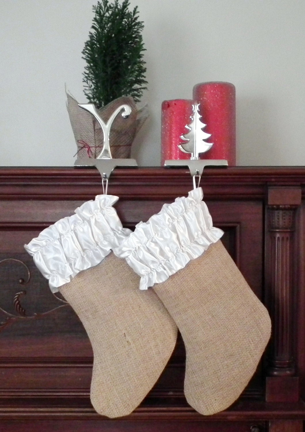 Two Christmas stockings, brown burlap and ivory satin, rustic or country Christmas, shabby chic, First Christmas Together