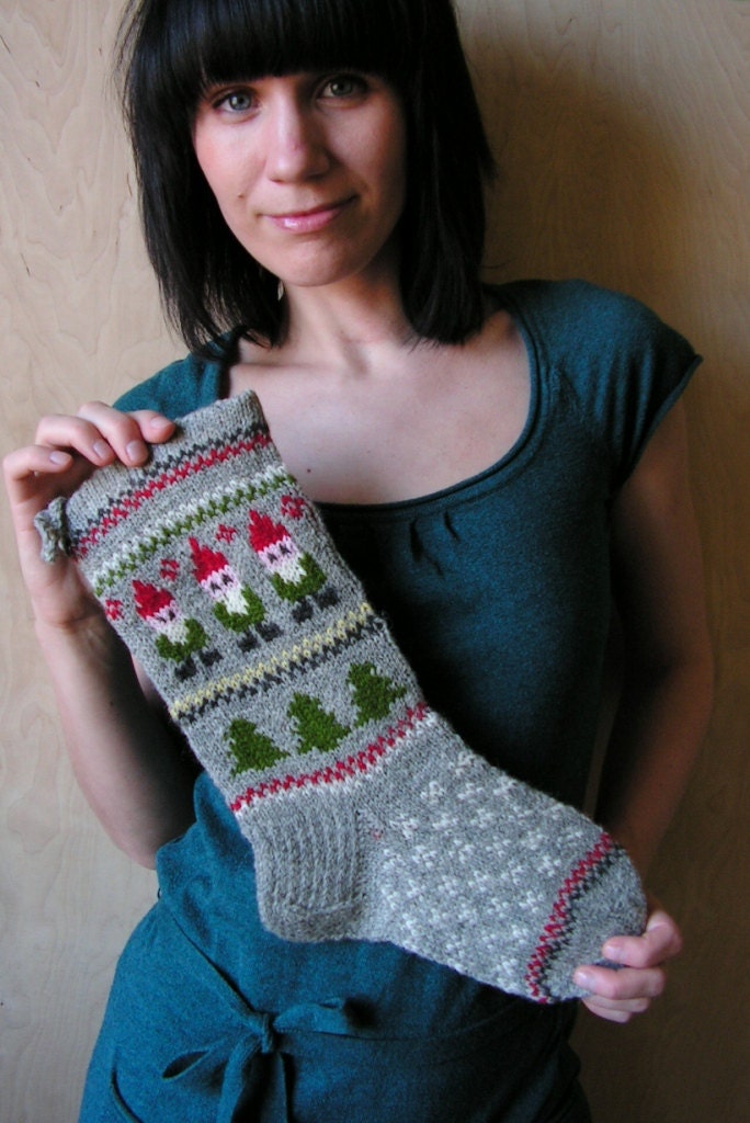 Hand knitted Christmas Stocking Grey Gnomes Trees ornaments Grey White Green Red Personalized