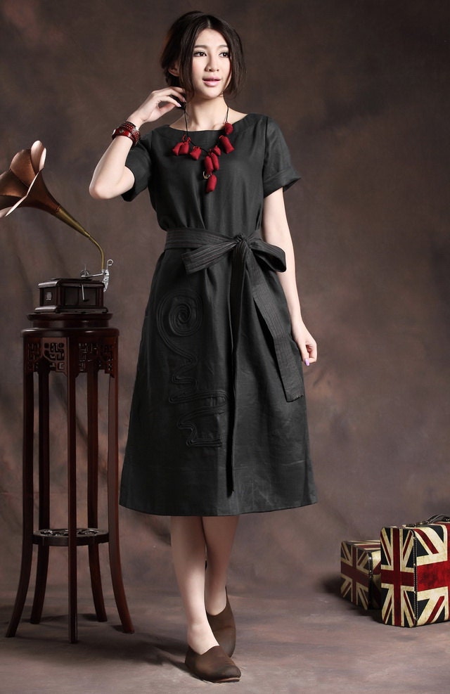 black linen dress with tucks / shirt tunic dress - custom
