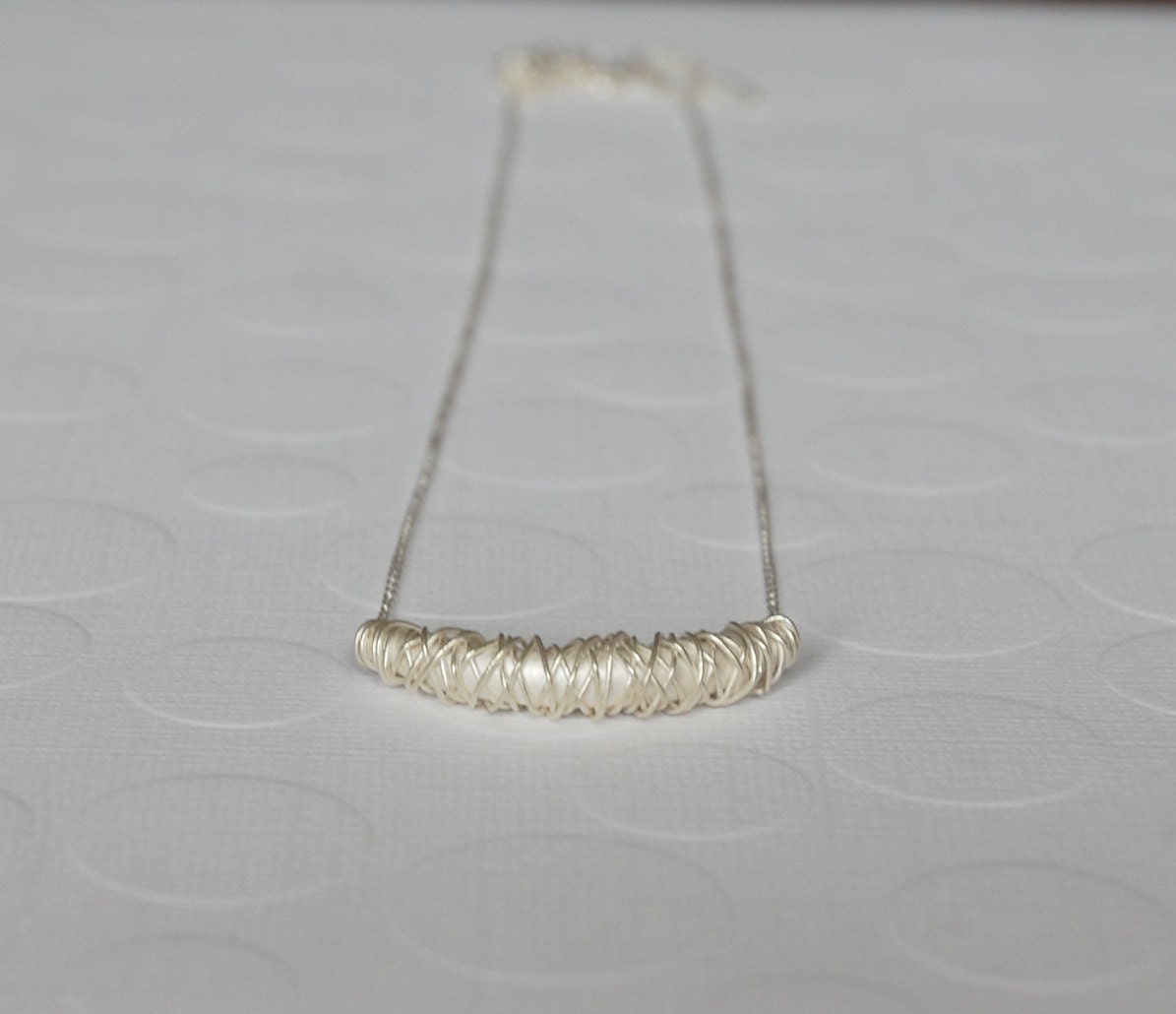 Silver tube necklace - sterling silver wirewrapped curved bar - silver bar - long necklace - sleek modern jewelry - lune