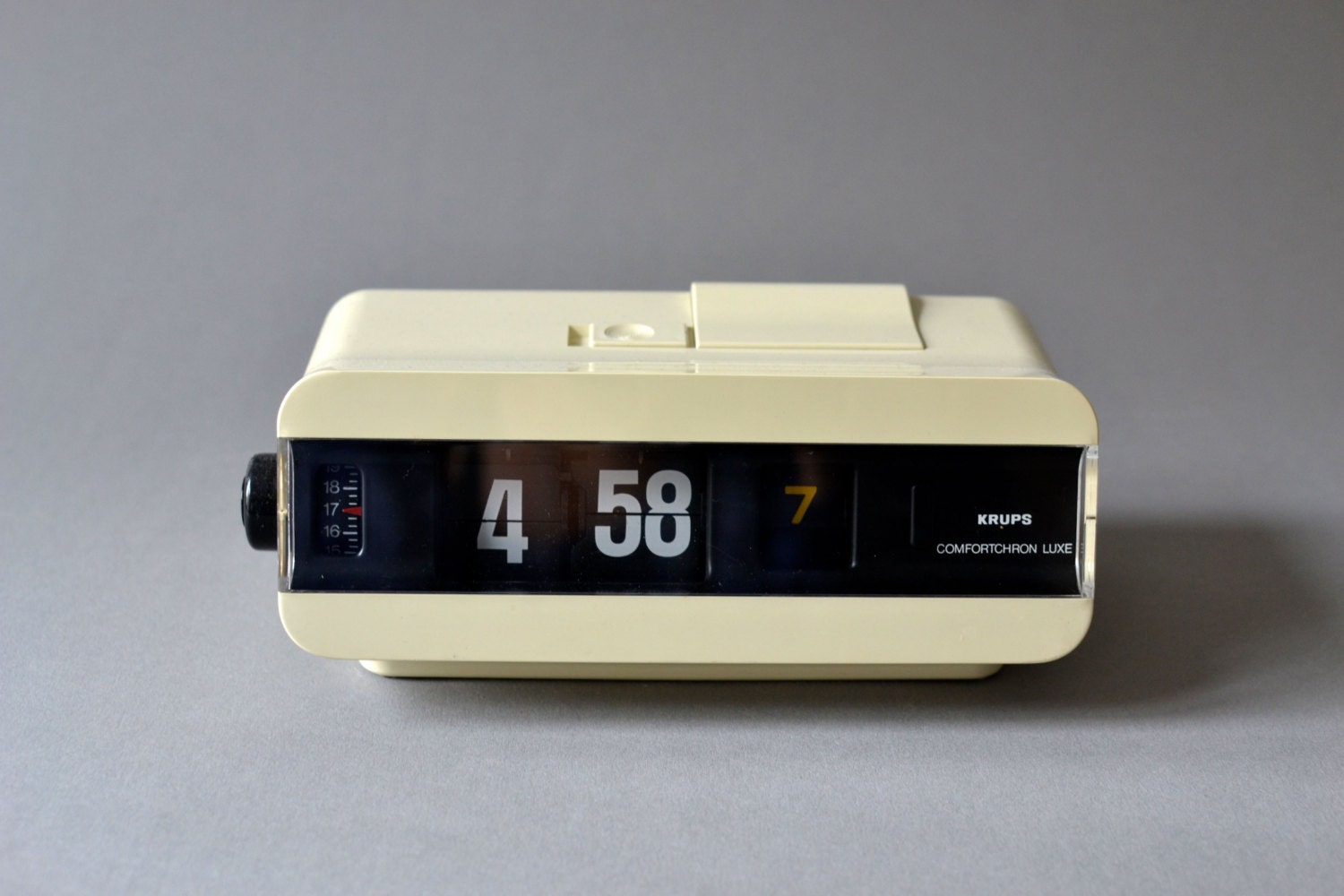 Vintage flip clock alarm clock West German Krups white eggshell space age atomic Mid-Century 60s 70s