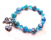 Heart Bracelet, Heart Charm, Ladybug, Heart Beads, Spring Jewelry, Blue, Silver Charms, Cute, Stretch Bracelet, Teens, Girls, Women