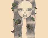 Wall art mermaid with pink lillys and frog in her hair 8x10 print