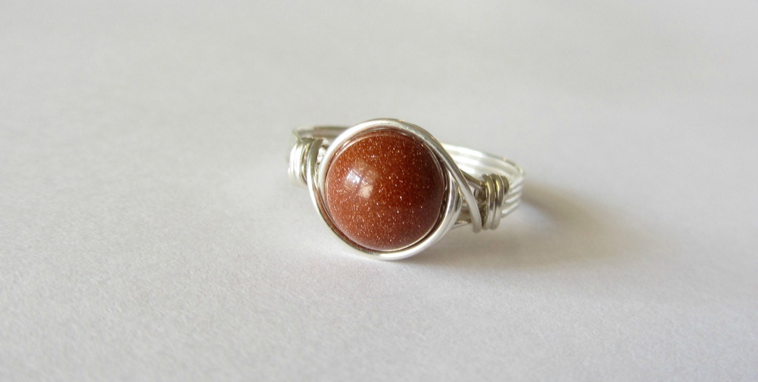Goldstone Silver Ring, Sterling Silver filled ring, Goldstone Wire Wrapped Ring