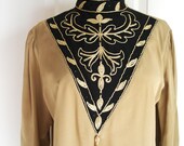 Vintage 80s silk shirt/ beige bronze café au lait/ floral abstract soutache trim/ metallic gold appliqué/ black V-shaped front/ gold tassel