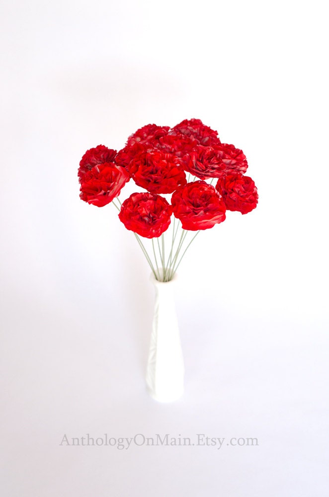 Carnation Bouquet in CHOICE OF COLOR - One Dozen Single Stems - Valentine, Wedding, Home, and Party Decor